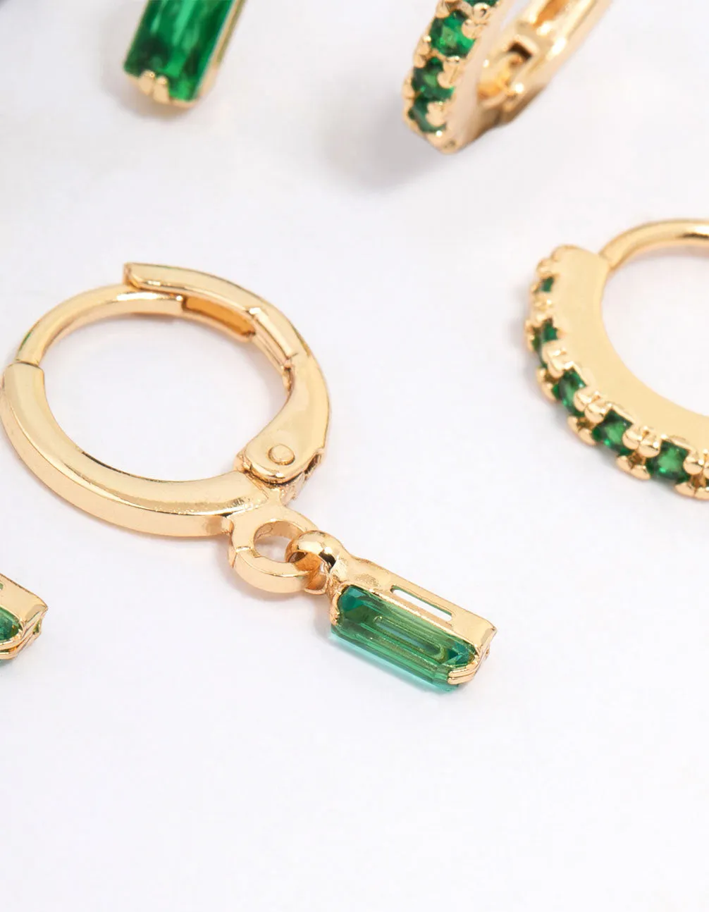 Gold Plated Baguette Emerald Stud & Hoop Earring 3-Pack