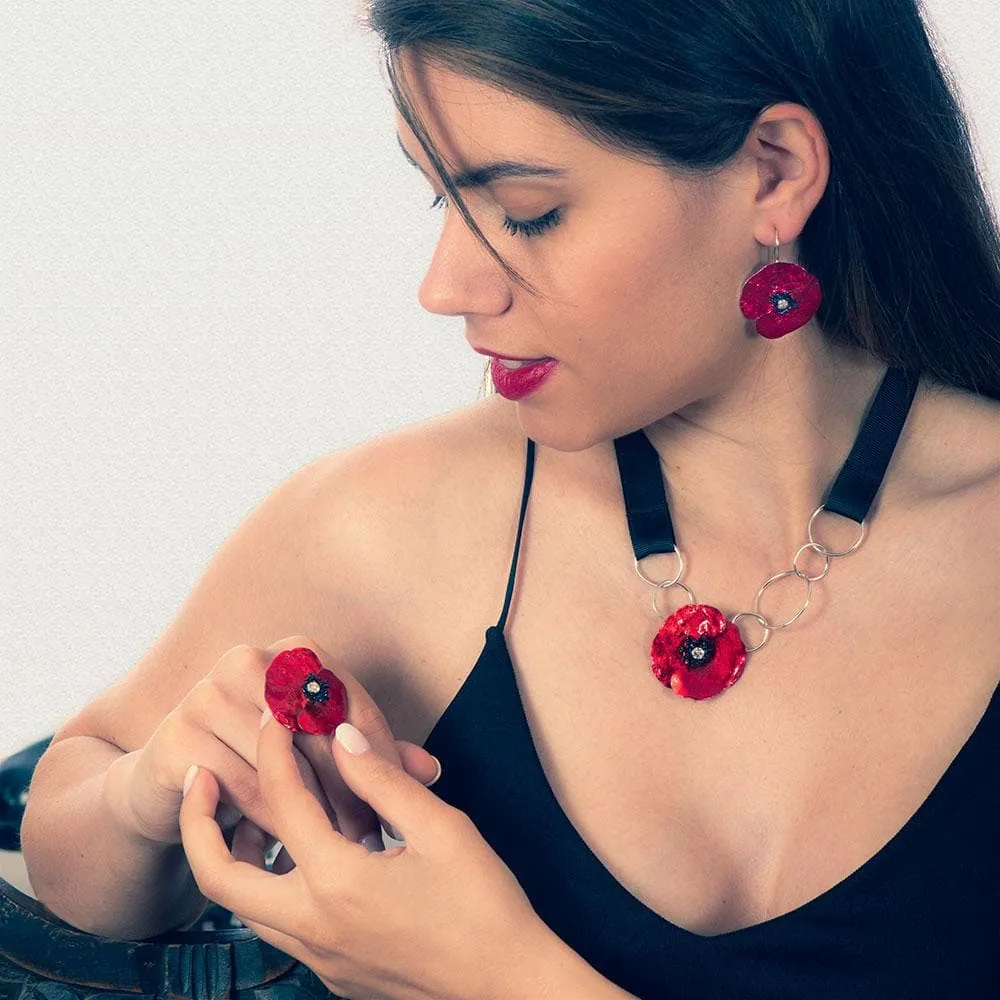 Handmade Silver Impressive Red Poppy Flower Short Necklace