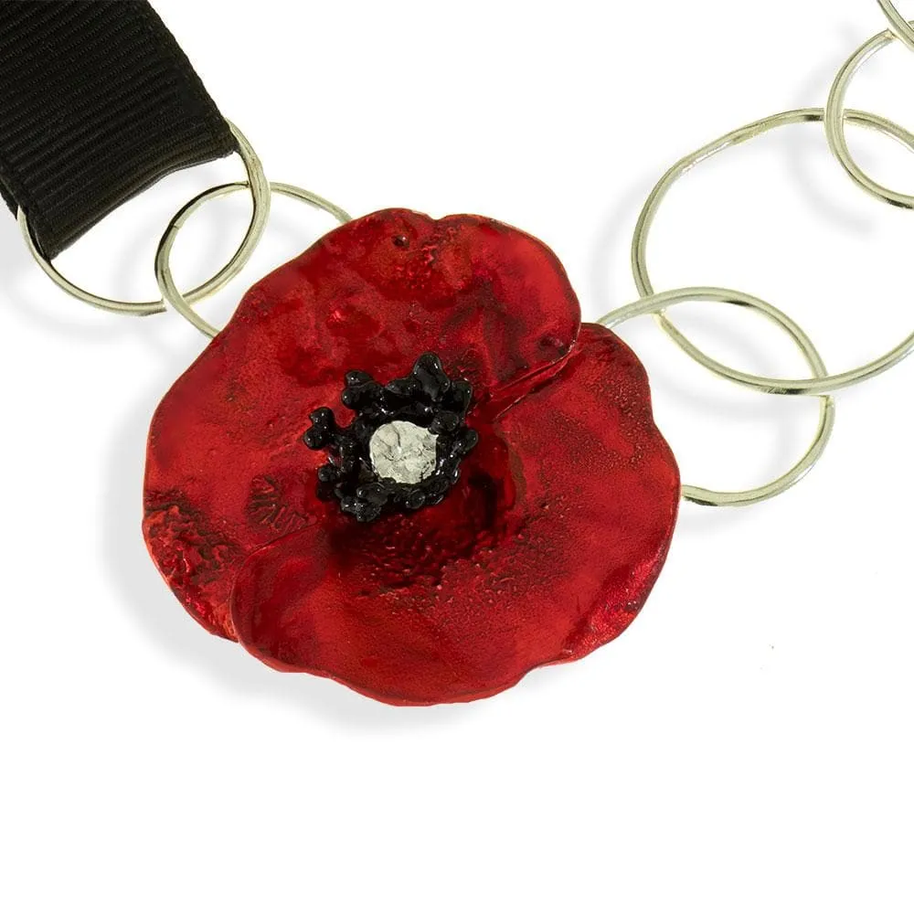 Handmade Silver Impressive Red Poppy Flower Short Necklace