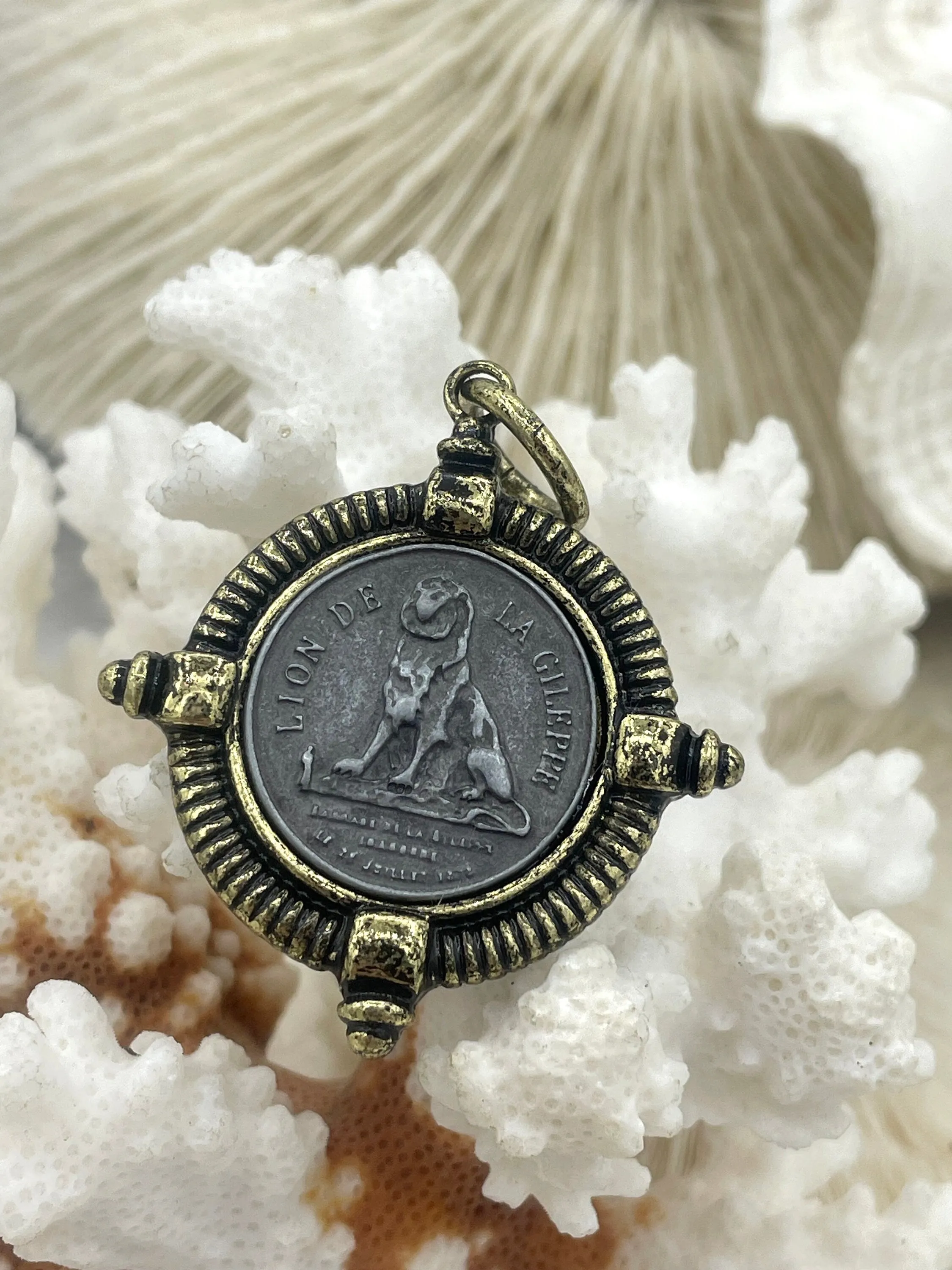 Lion de la Gileppe Coin Reproduction, Lion Pendant, Lion Medal, Lion Jewelry, Lion Charm, de la Gileppe Medalion 5 bezel color Fast Ship