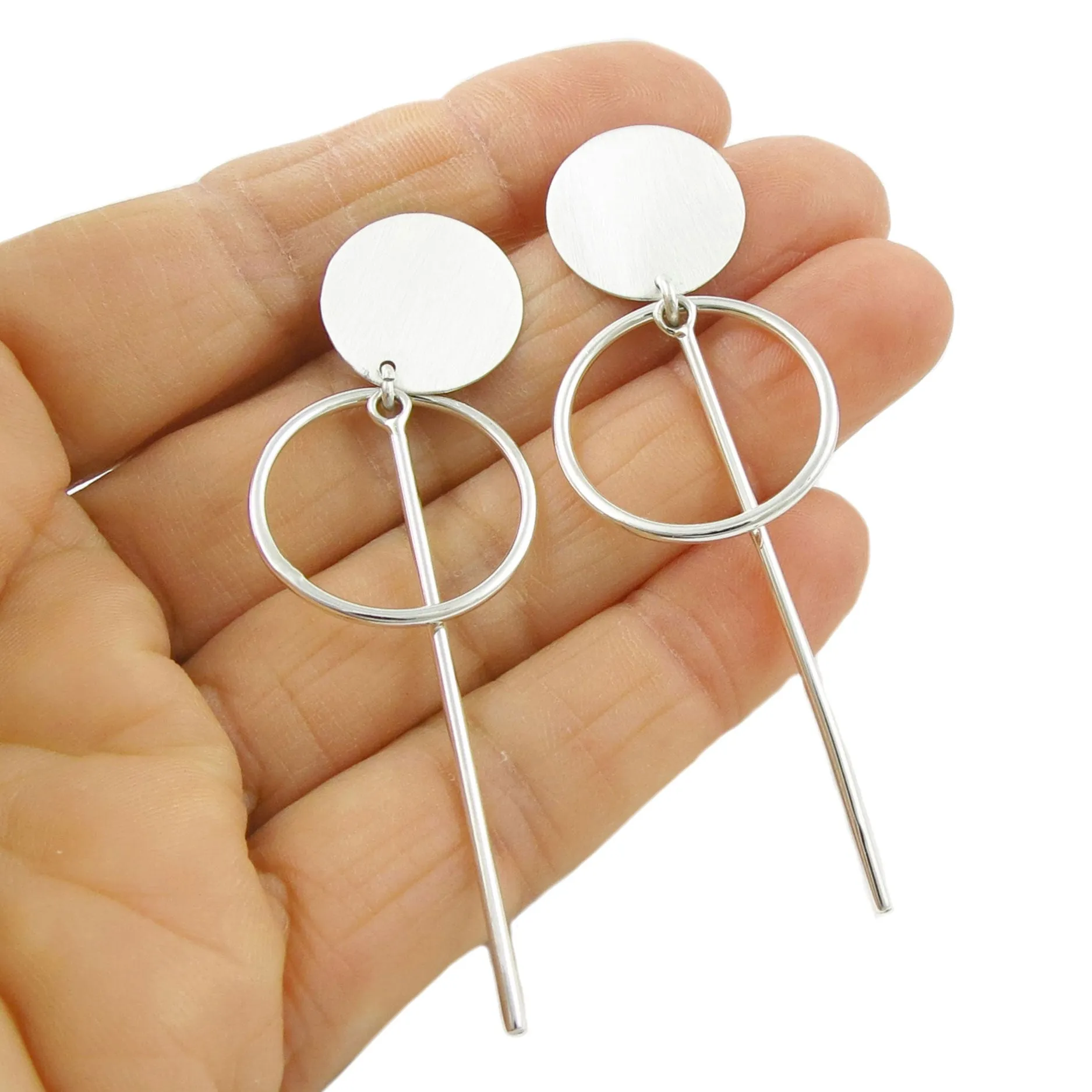 Long Dangling Satin Finish Sterling Silver Stick Earrings