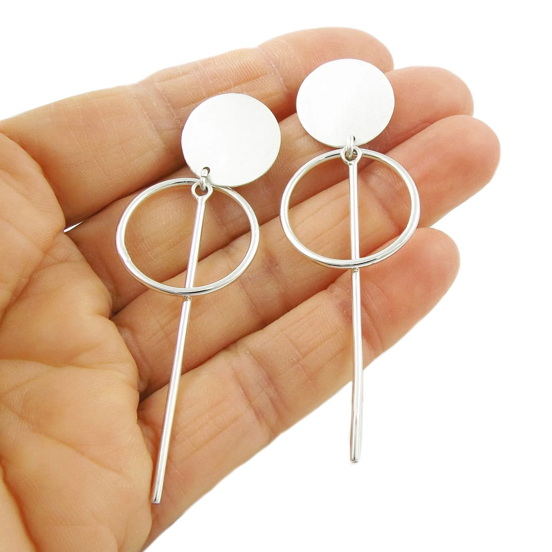 Long Dangling Satin Finish Sterling Silver Stick Earrings