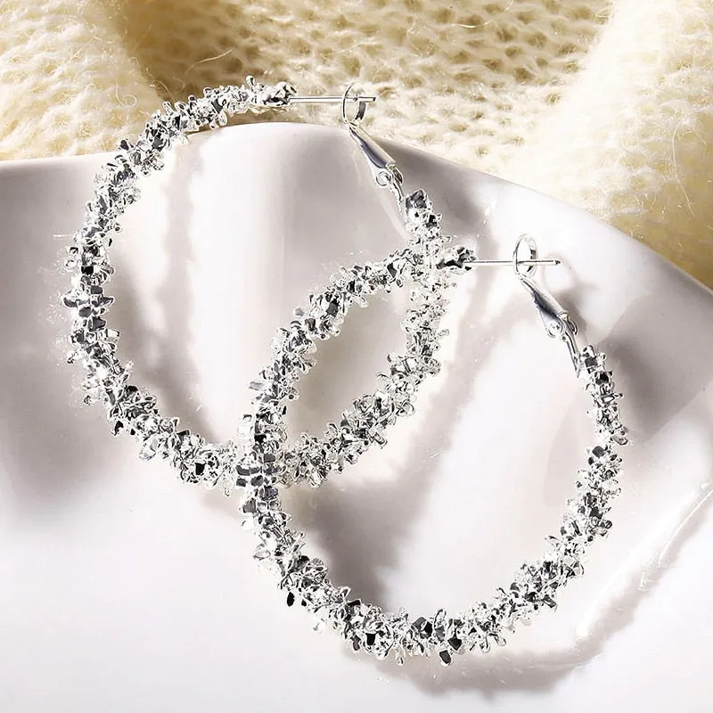 Luxury Jewelry Dazzling Statement Hoop Earrings for Women with Zircon in Silver Color