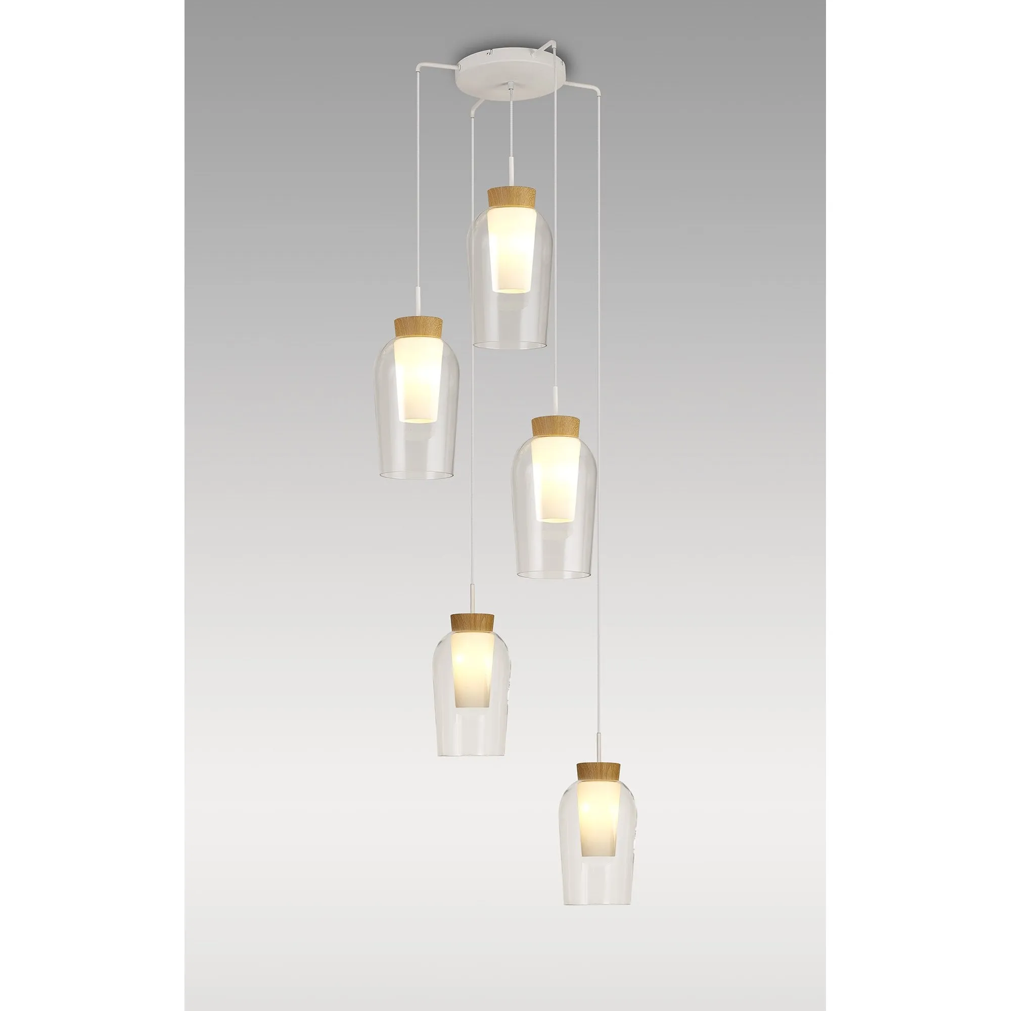 Mantra M8275 Nora 5 Light Round Pendant White/Wood/Clear Glass With Frosted Inner