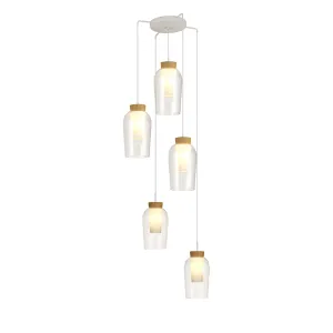 Mantra M8275 Nora 5 Light Round Pendant White/Wood/Clear Glass With Frosted Inner