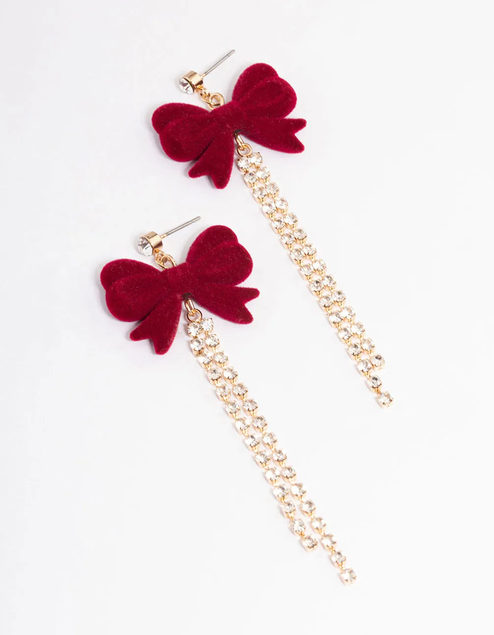 Maroon Cup Chain Velvet Bow Drop Earrings