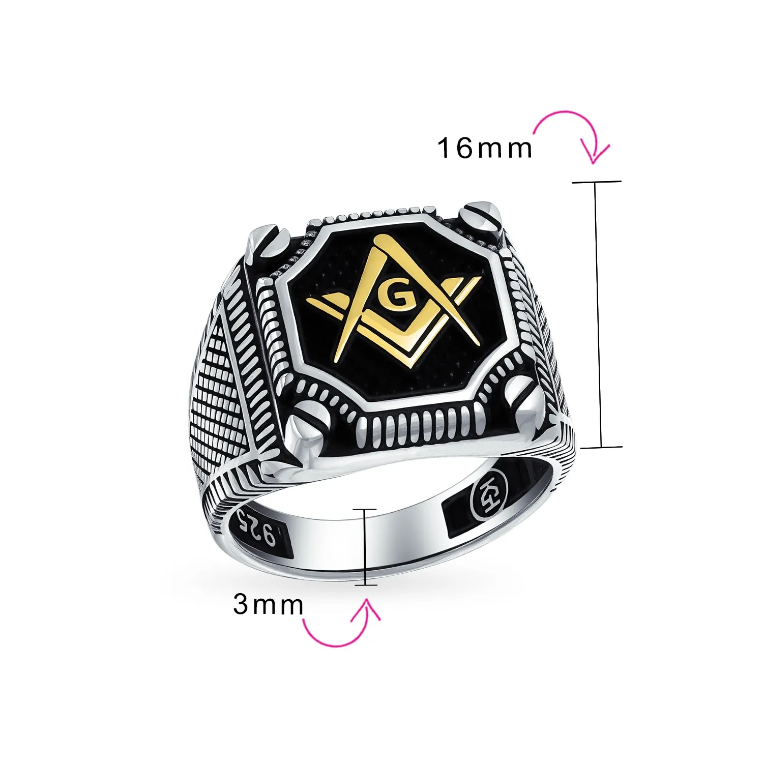 Mens Silver Ring with Tri Tone Black Inlay Compass Freemason Masonic Signet Design