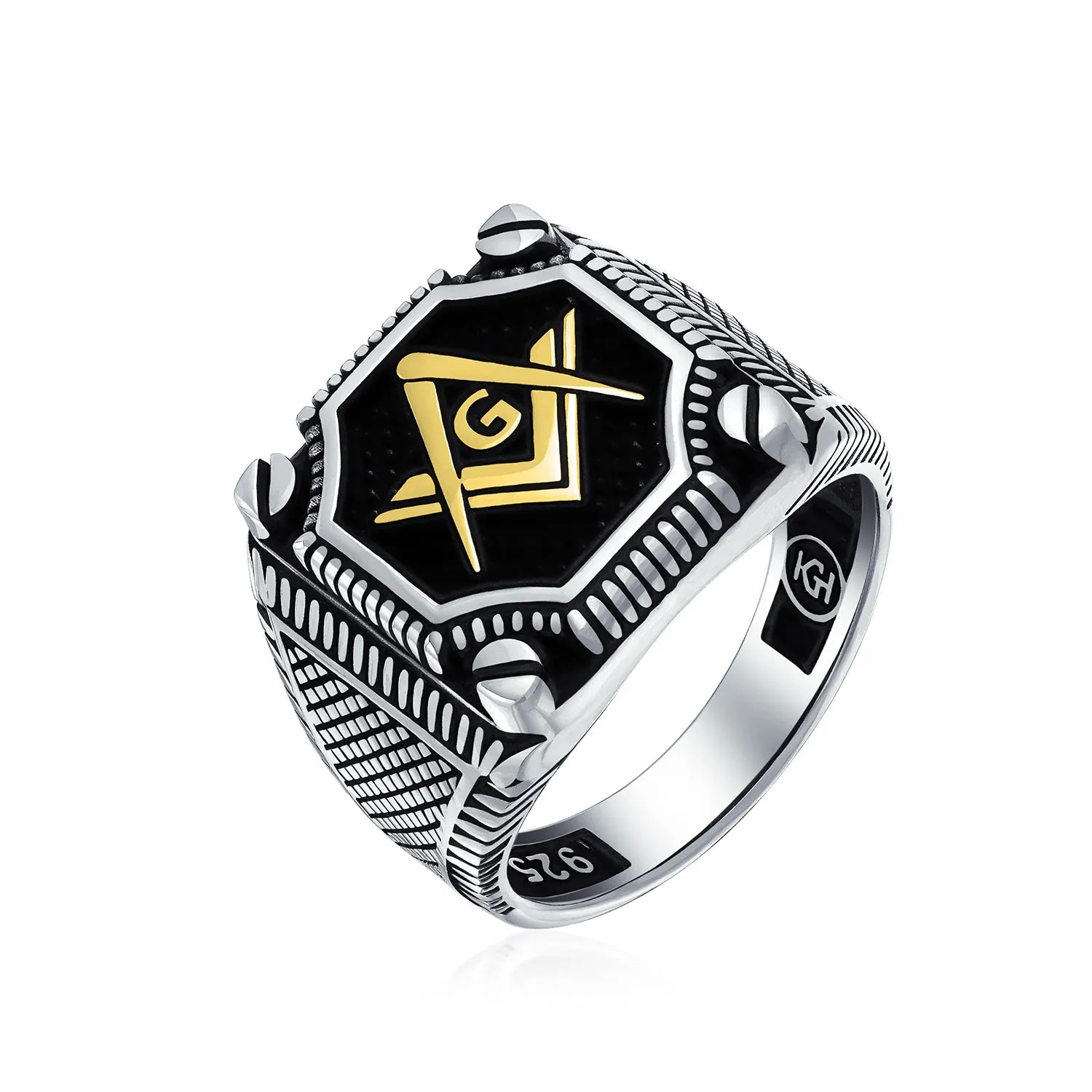 Mens Silver Ring with Tri Tone Black Inlay Compass Freemason Masonic Signet Design