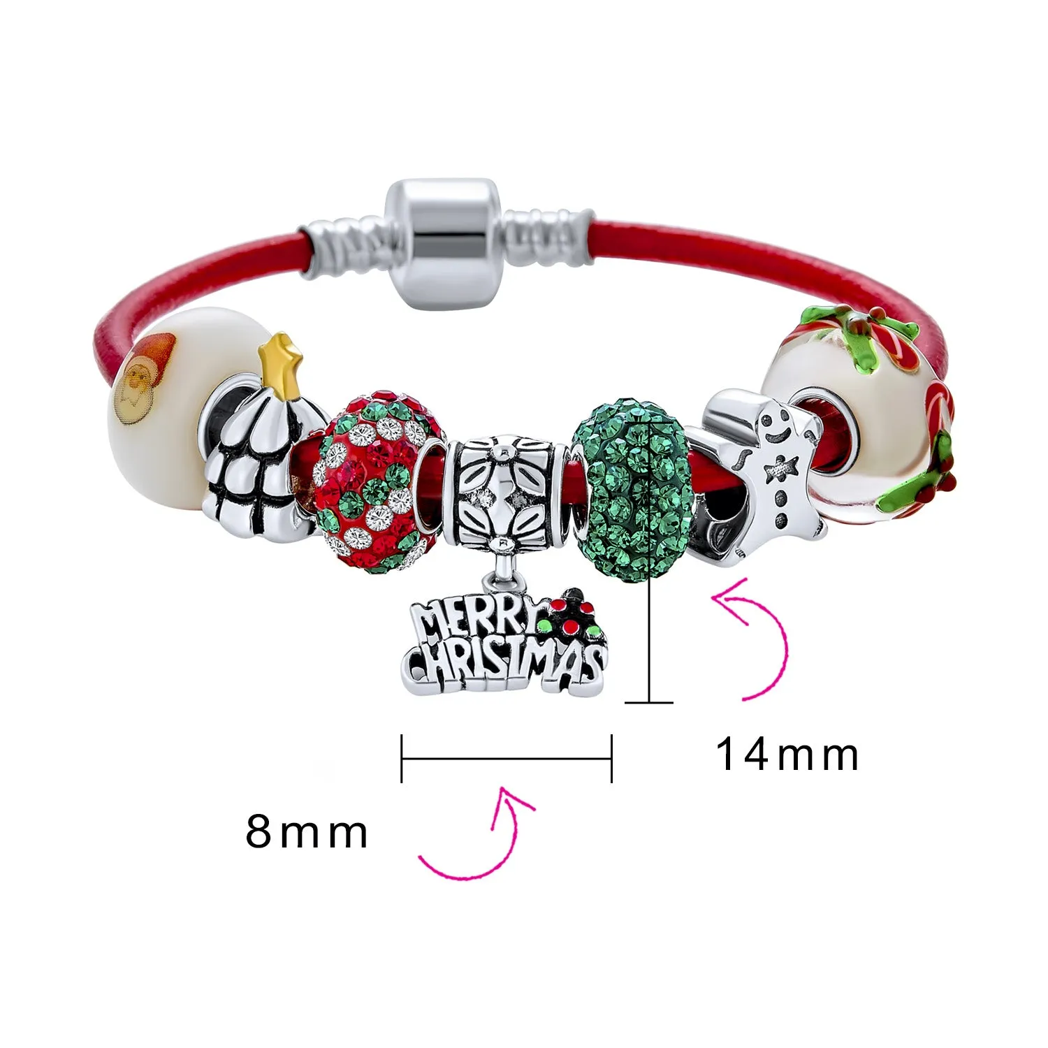 Merry Christmas Tree Charm Bracelet with Santa Gingerbread and Candy Cane Beads