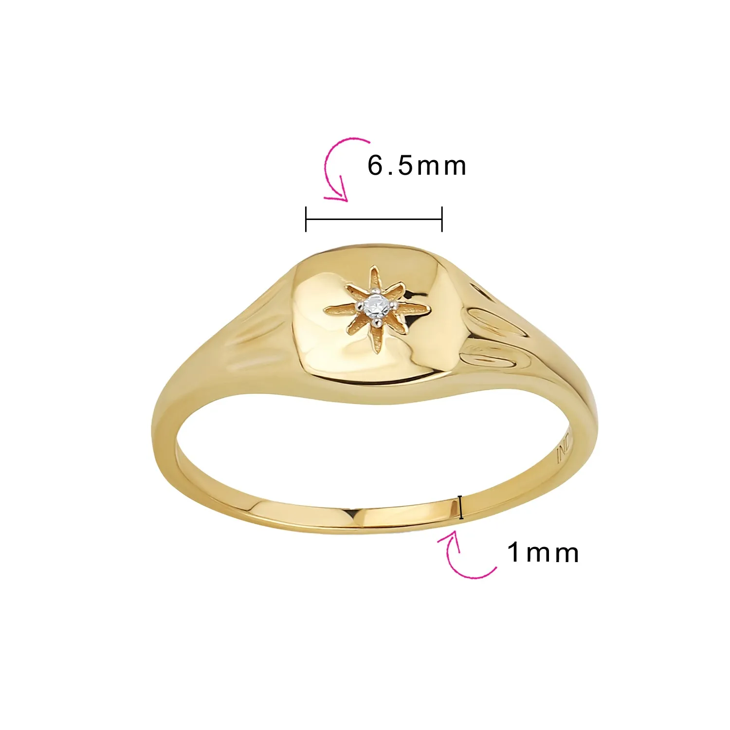 Minimalist Diamond Chip Yellow 14K Gold Celestial North Star Ring Thin 1MM Band