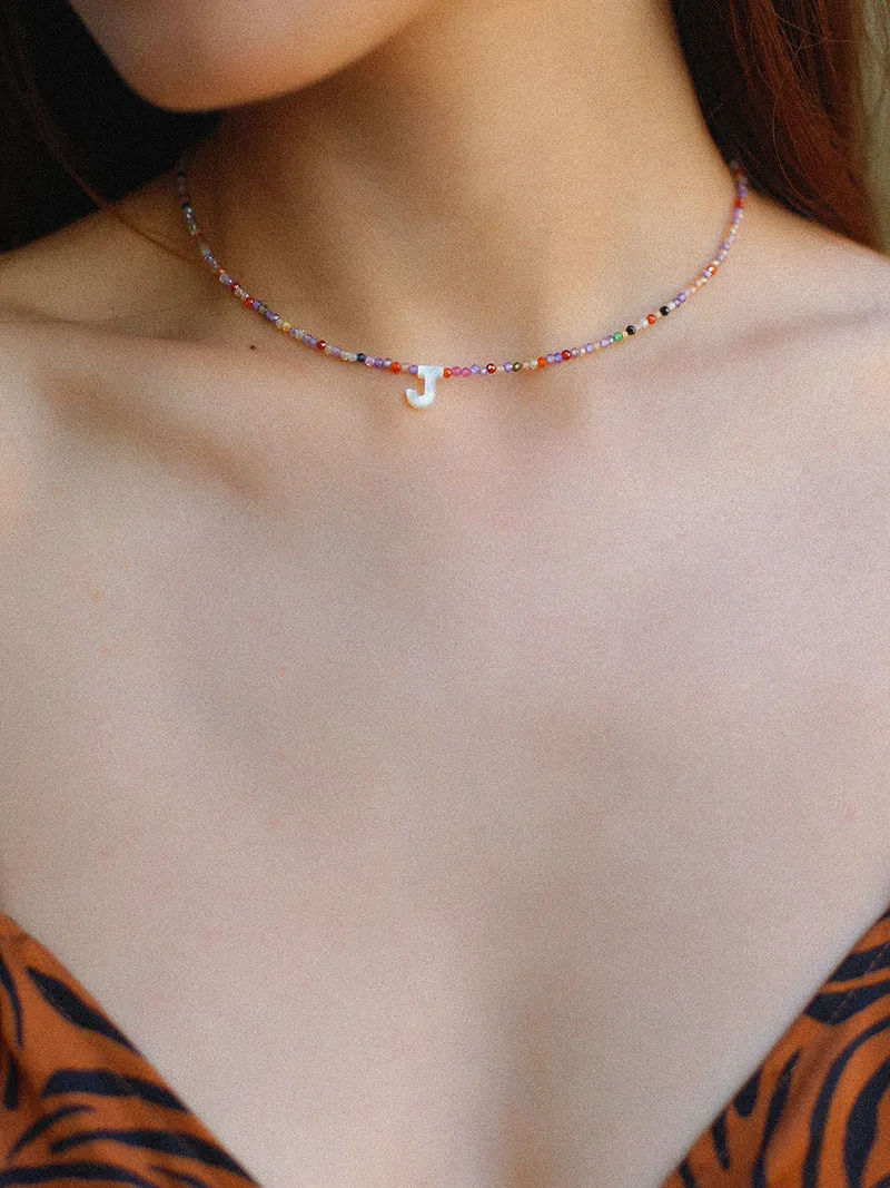 Mother-of-Pearl Alphabet Colorful Zircon Beaded Necklace