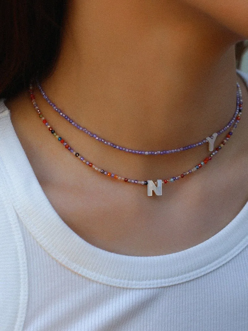 Mother-of-Pearl Alphabet Colorful Zircon Beaded Necklace