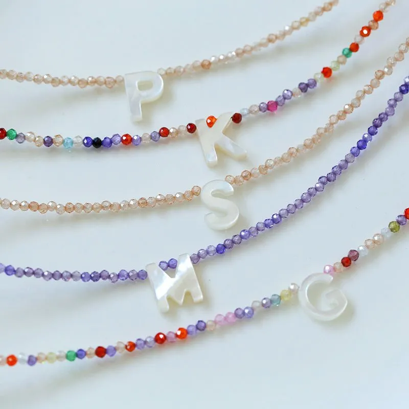 Mother-of-Pearl Alphabet Colorful Zircon Beaded Necklace