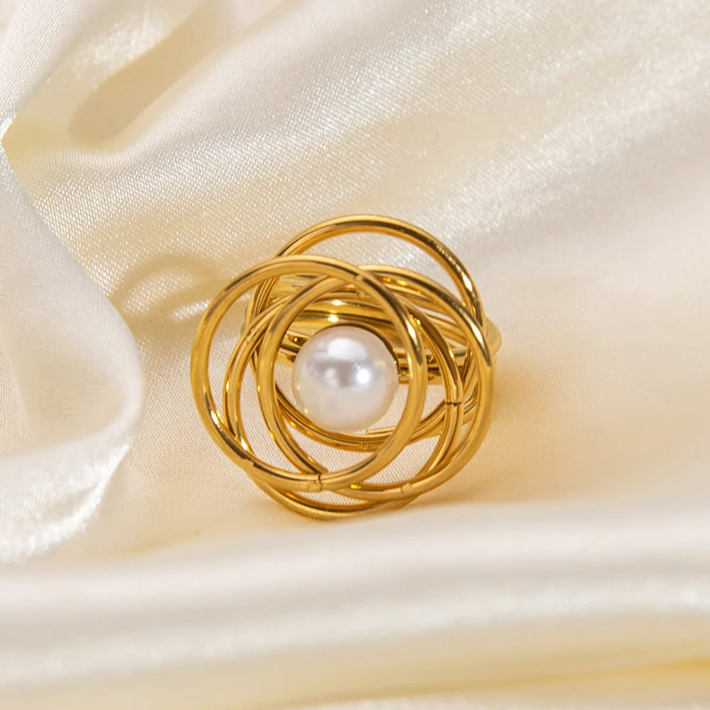 Pearl With Multi Circular Overlayered Gold Ring JLTR0429