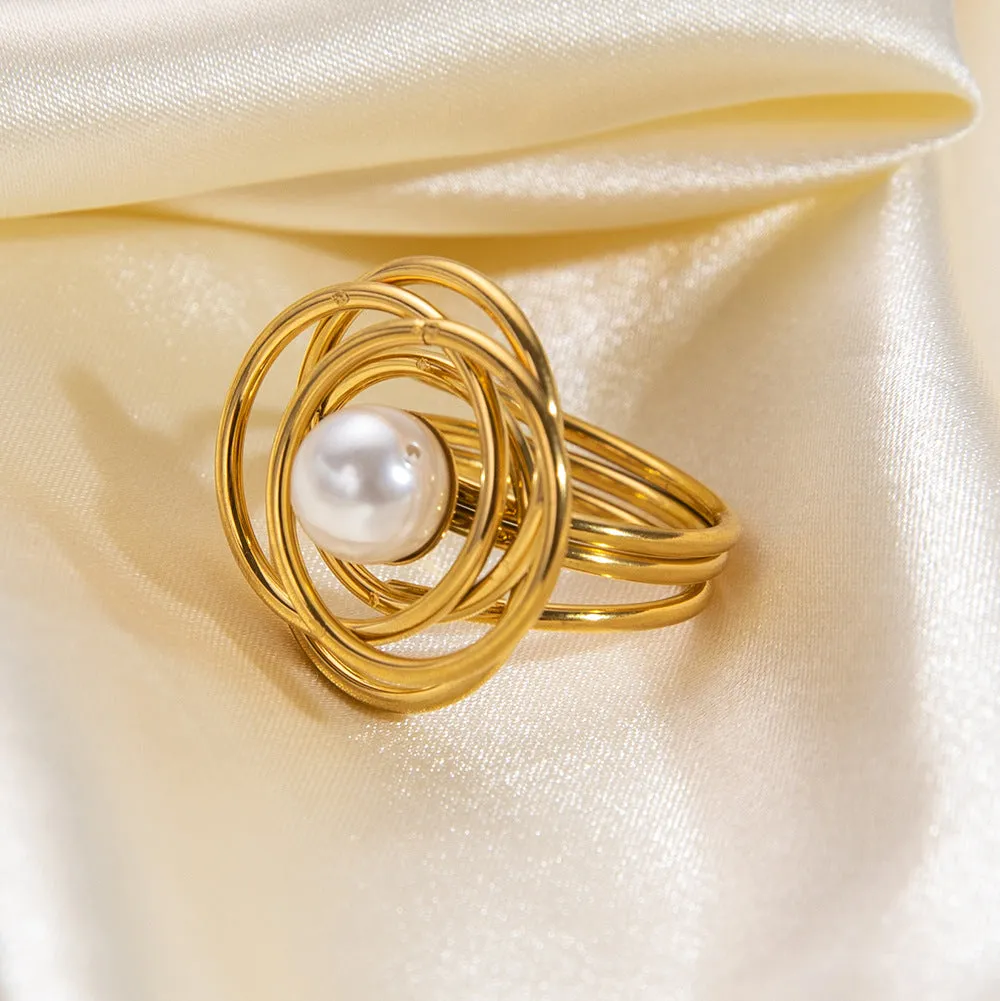 Pearl With Multi Circular Overlayered Gold Ring JLTR0429