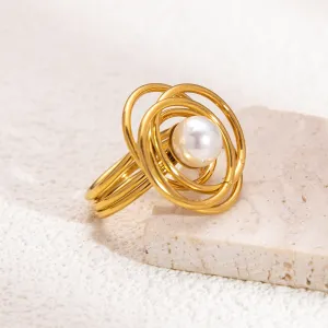 Pearl With Multi Circular Overlayered Gold Ring JLTR0429