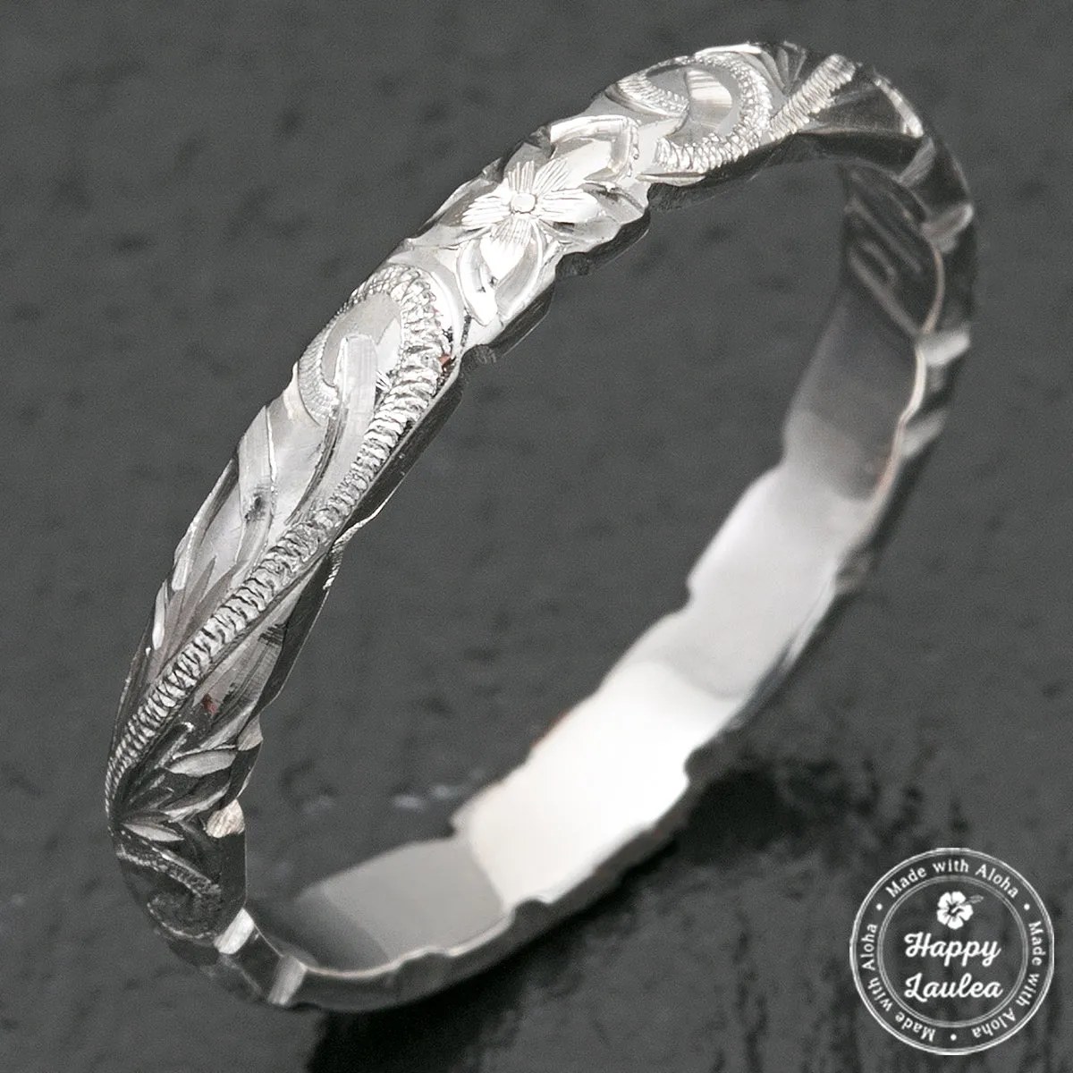 Platinum Hawaiian Jewelry Ring  Hand Engraved 'Old English Design with Cutout Wave Edges - 3mm, Dome Shape, Standard Fitment