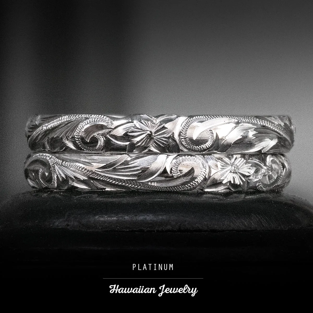 Platinum Hawaiian Jewelry Ring  Hand Engraved 'Old English Design with Cutout Wave Edges - 3mm, Dome Shape, Standard Fitment