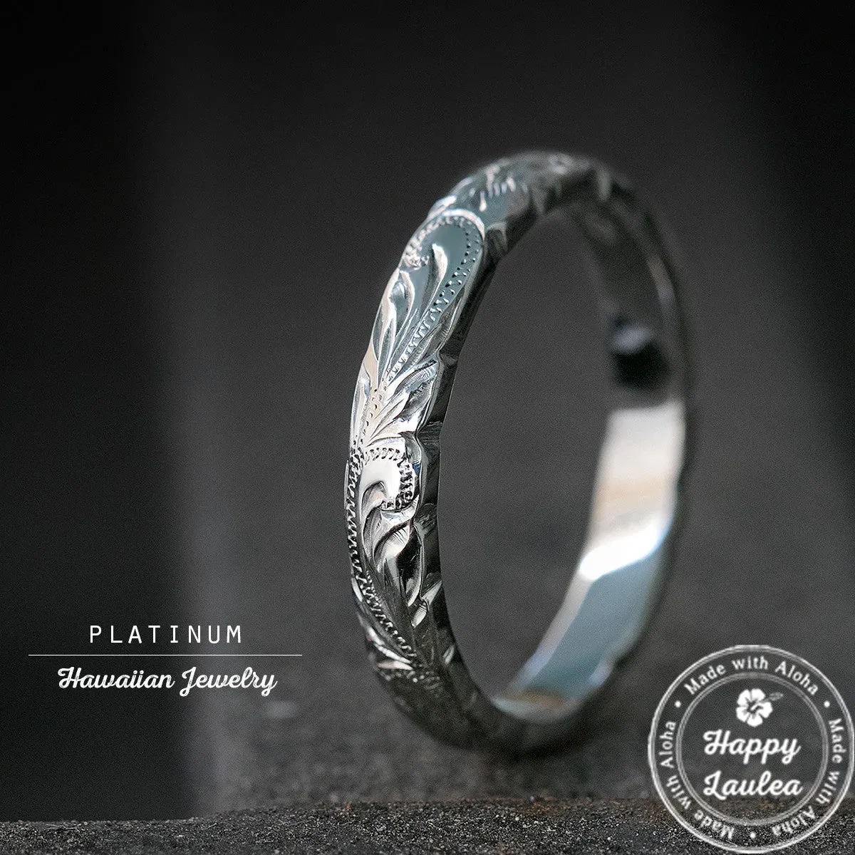 Platinum Hawaiian Jewelry Ring  Hand Engraved 'Old English Design with Cutout Wave Edges - 3mm, Dome Shape, Standard Fitment