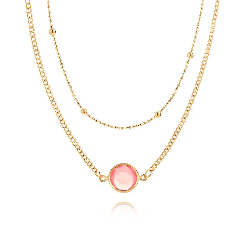 "Double Layered Gold Necklace with Pink Gemstone | Chic Minimalist Jewelry"-jltn0656