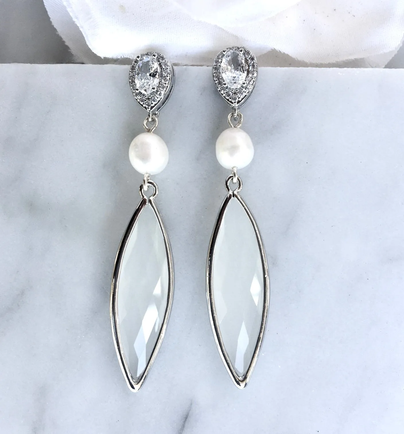 "Lake" - Natural Pearls and White Opal Bridal Earrings