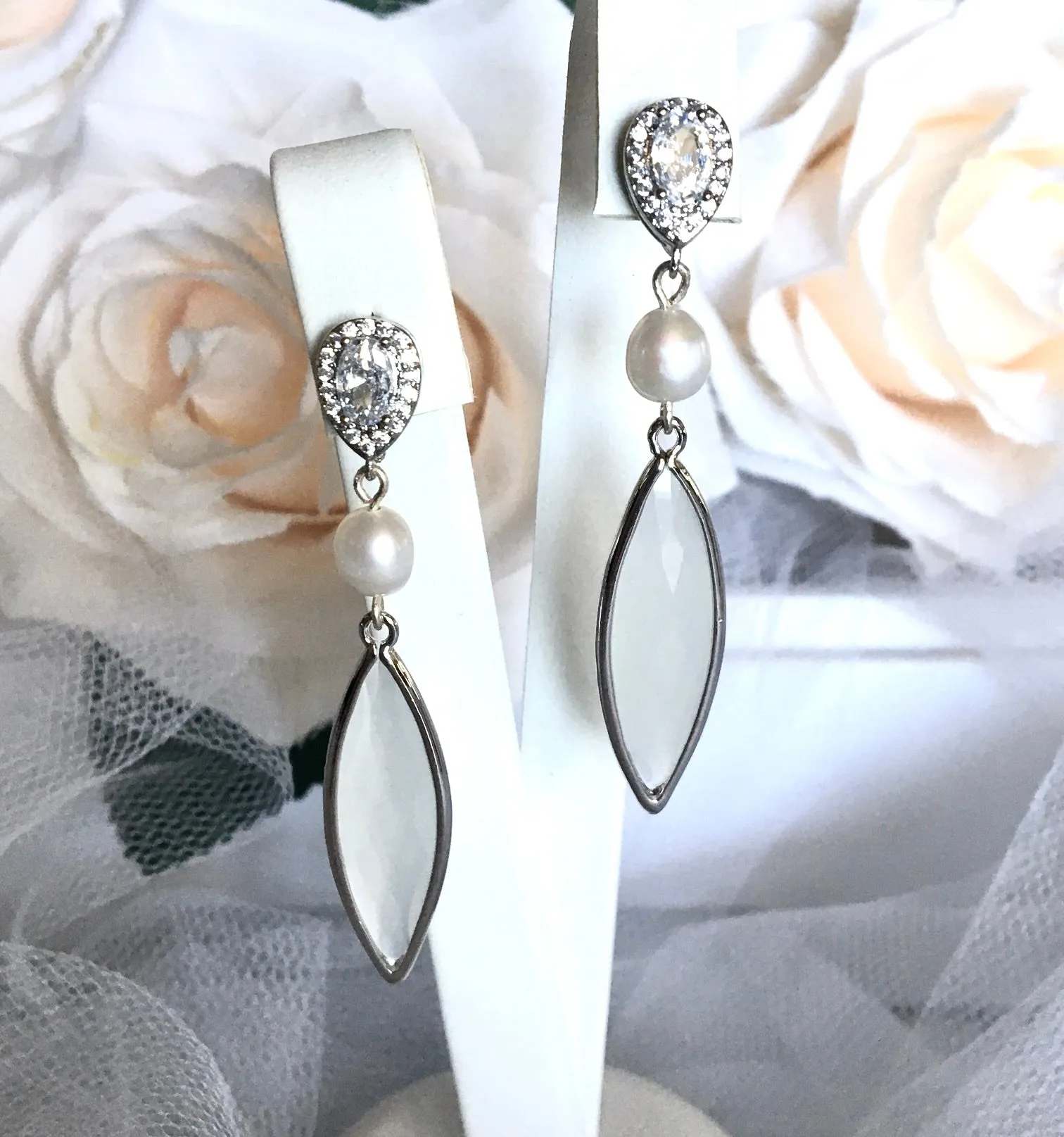 "Lake" - Natural Pearls and White Opal Bridal Earrings