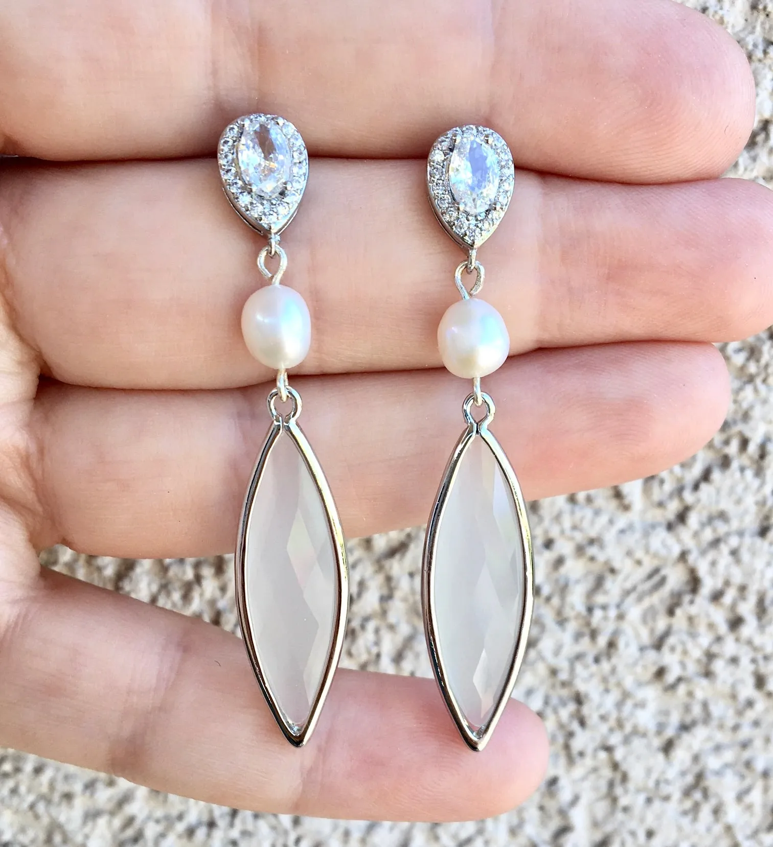 "Lake" - Natural Pearls and White Opal Bridal Earrings