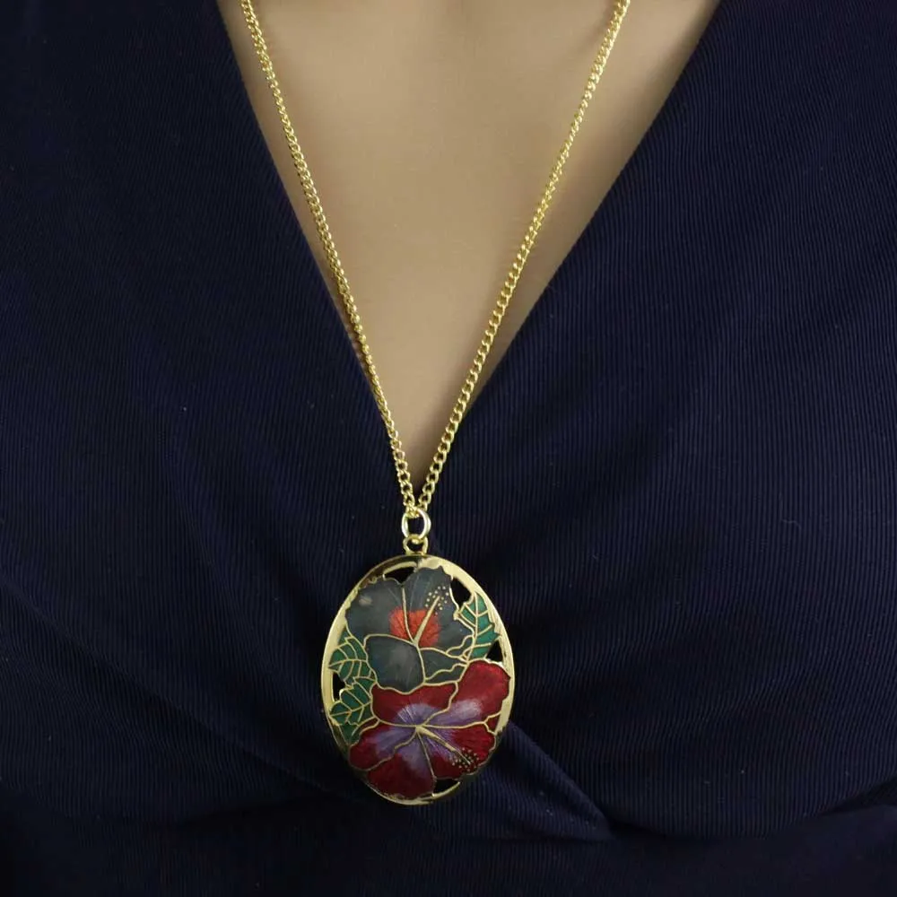 Red and Gray Hibiscus Cloisonne Pendant on Gold Chain - CP90NRD