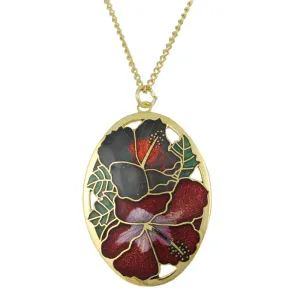 Red and Gray Hibiscus Cloisonne Pendant on Gold Chain - CP90NRD