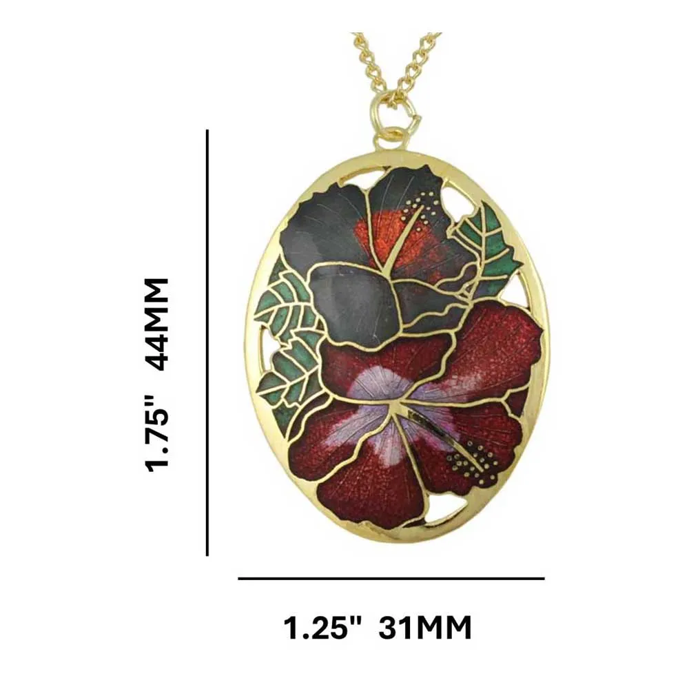 Red and Gray Hibiscus Cloisonne Pendant on Gold Chain - CP90NRD