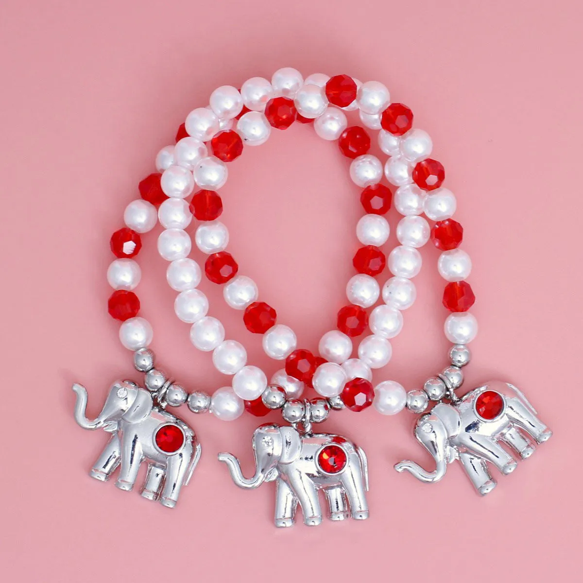 Red Glass Bead and Pearl Elephant Charm Bracelet Set