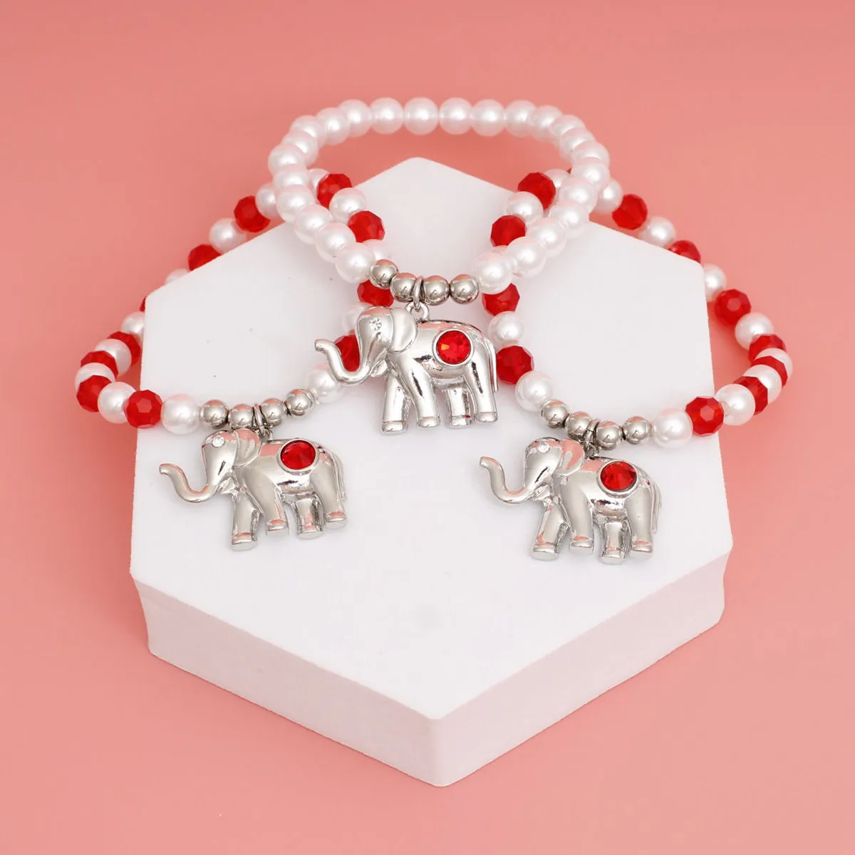 Red Glass Bead and Pearl Elephant Charm Bracelet Set