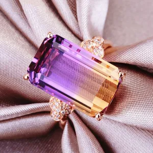 Rose gold color gemstones Finger Rings for women citrine amethyst crystal zircon diamonds luxury cocktail party