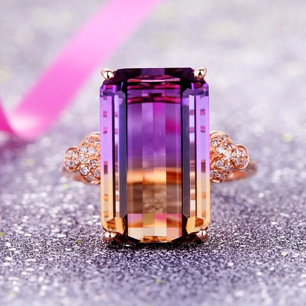 Rose gold color gemstones Finger Rings for women citrine amethyst crystal zircon diamonds luxury cocktail party