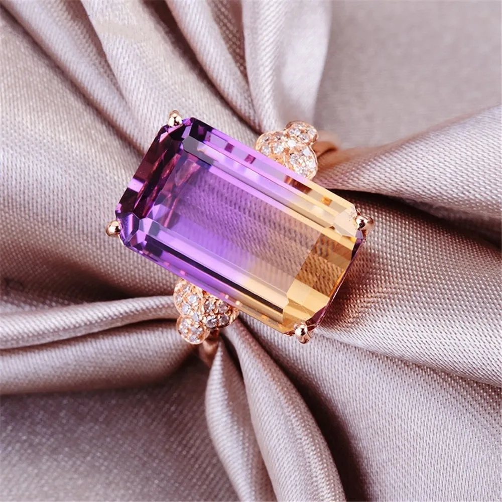 Rose gold color gemstones Finger Rings for women citrine amethyst crystal zircon diamonds luxury cocktail party