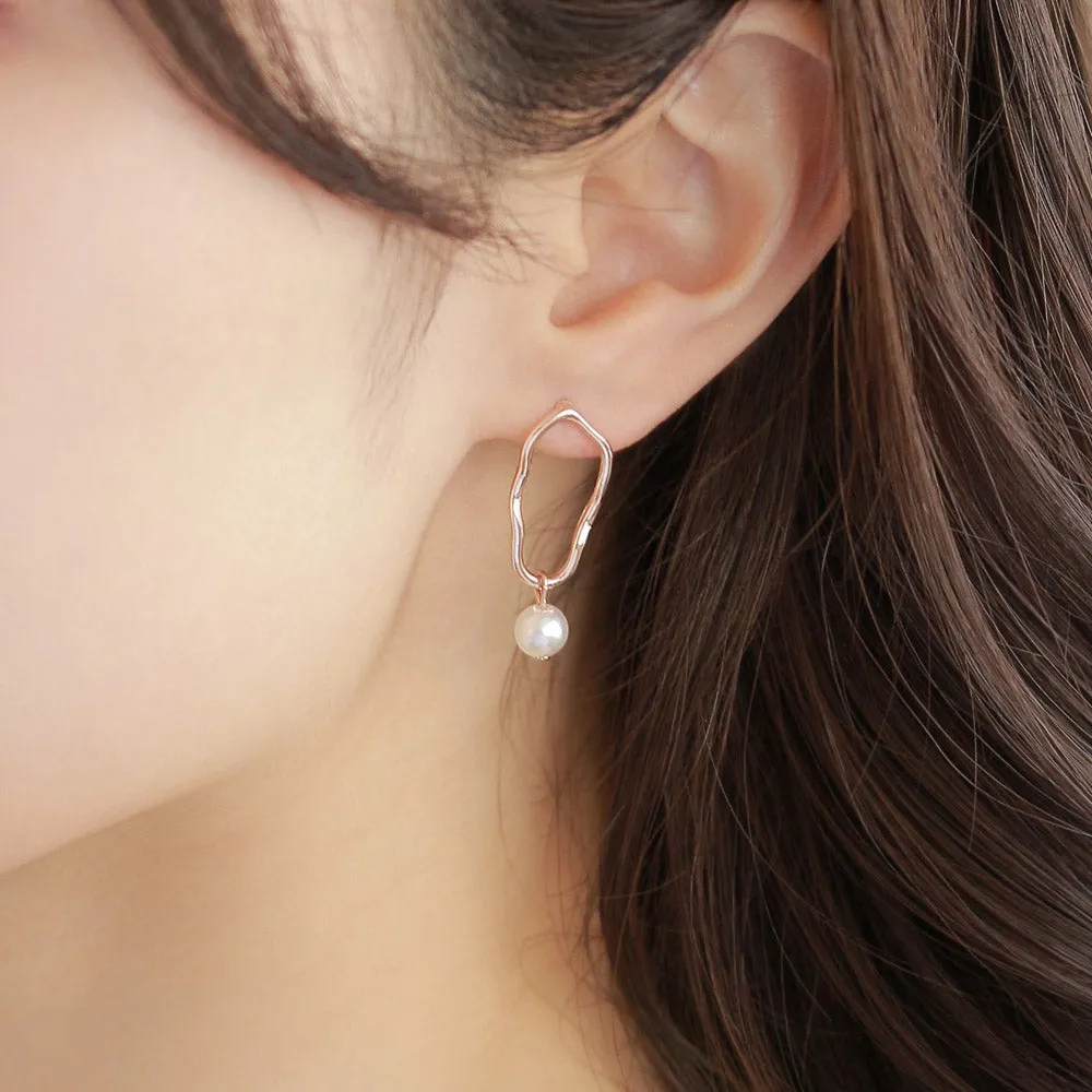 Rose Silver Wavy Circle Drop Pearl Earrings