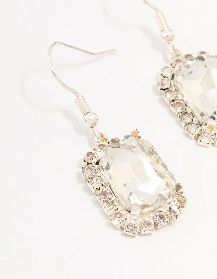 Silver Encased Rectangular Diamante Drop Earrings