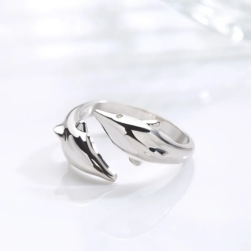 Simple Silver Color Feather Dolphin Adjustable Ring Exquisite