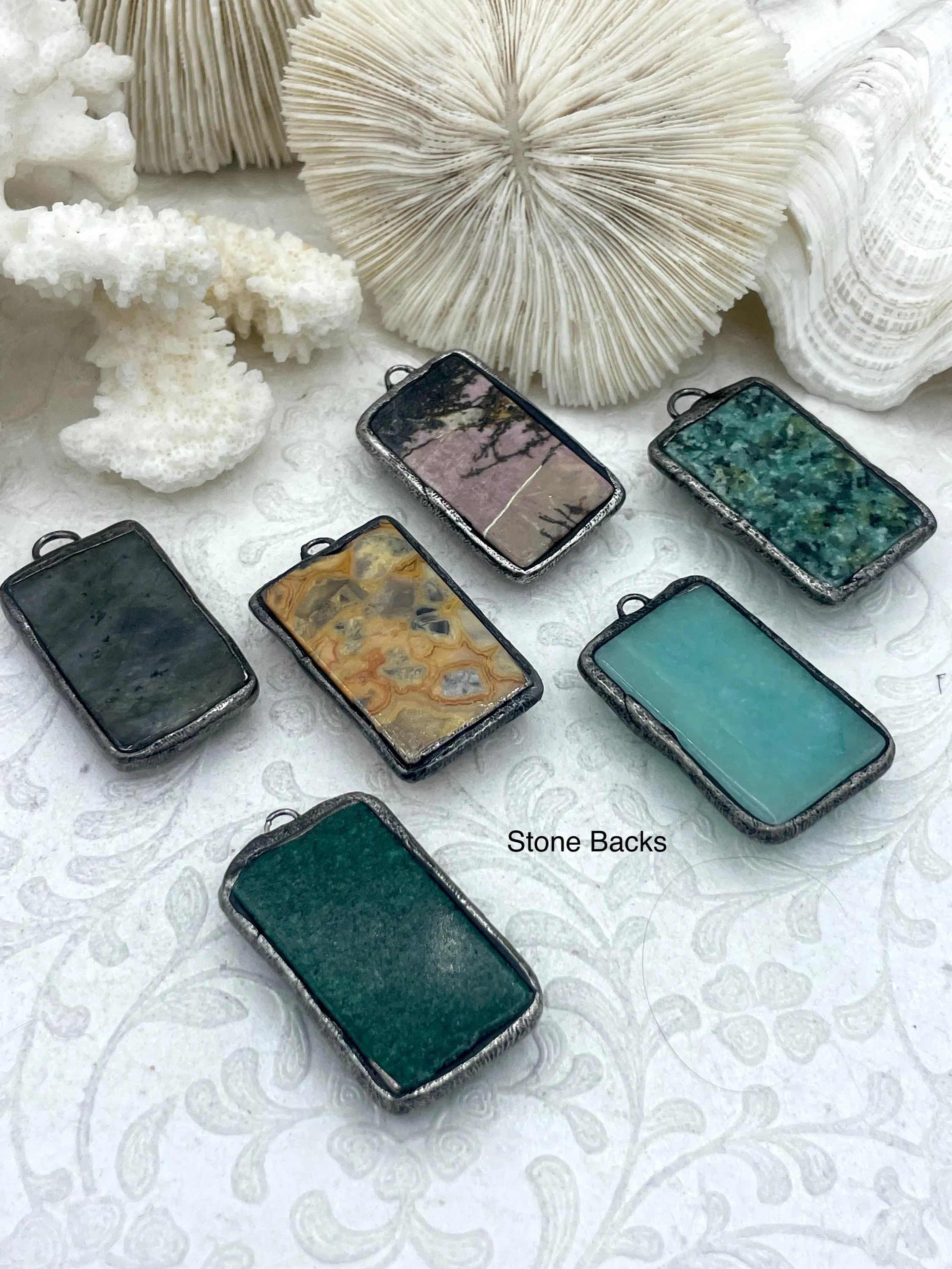 Soldered Natural Stone Pendants, Rectangle Stone Pendants with Gunmetal ,Comes in a variety of patterns, 6 Styles, Natural Stone, Fast Ship.