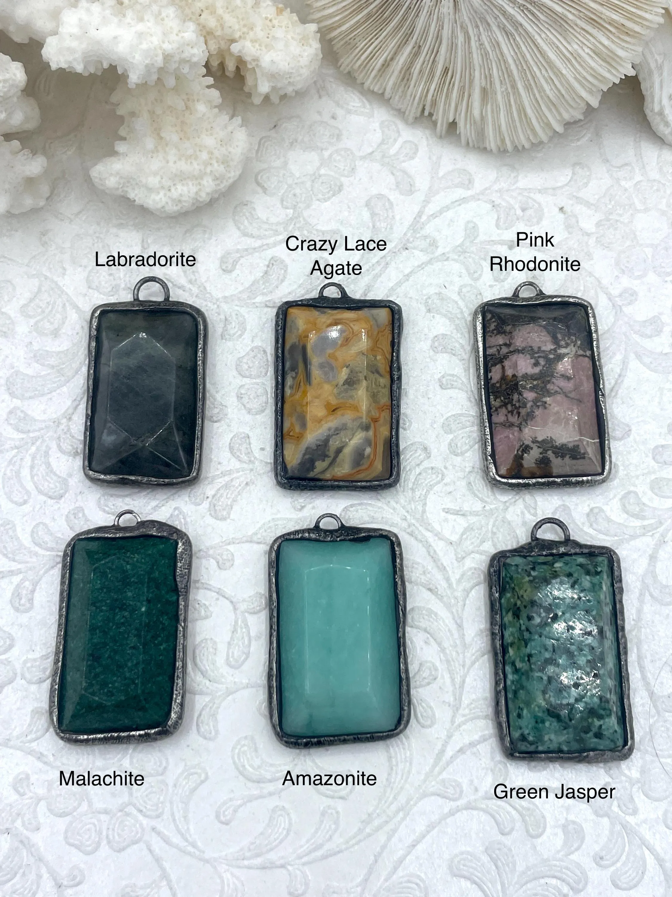 Soldered Natural Stone Pendants, Rectangle Stone Pendants with Gunmetal ,Comes in a variety of patterns, 6 Styles, Natural Stone, Fast Ship.