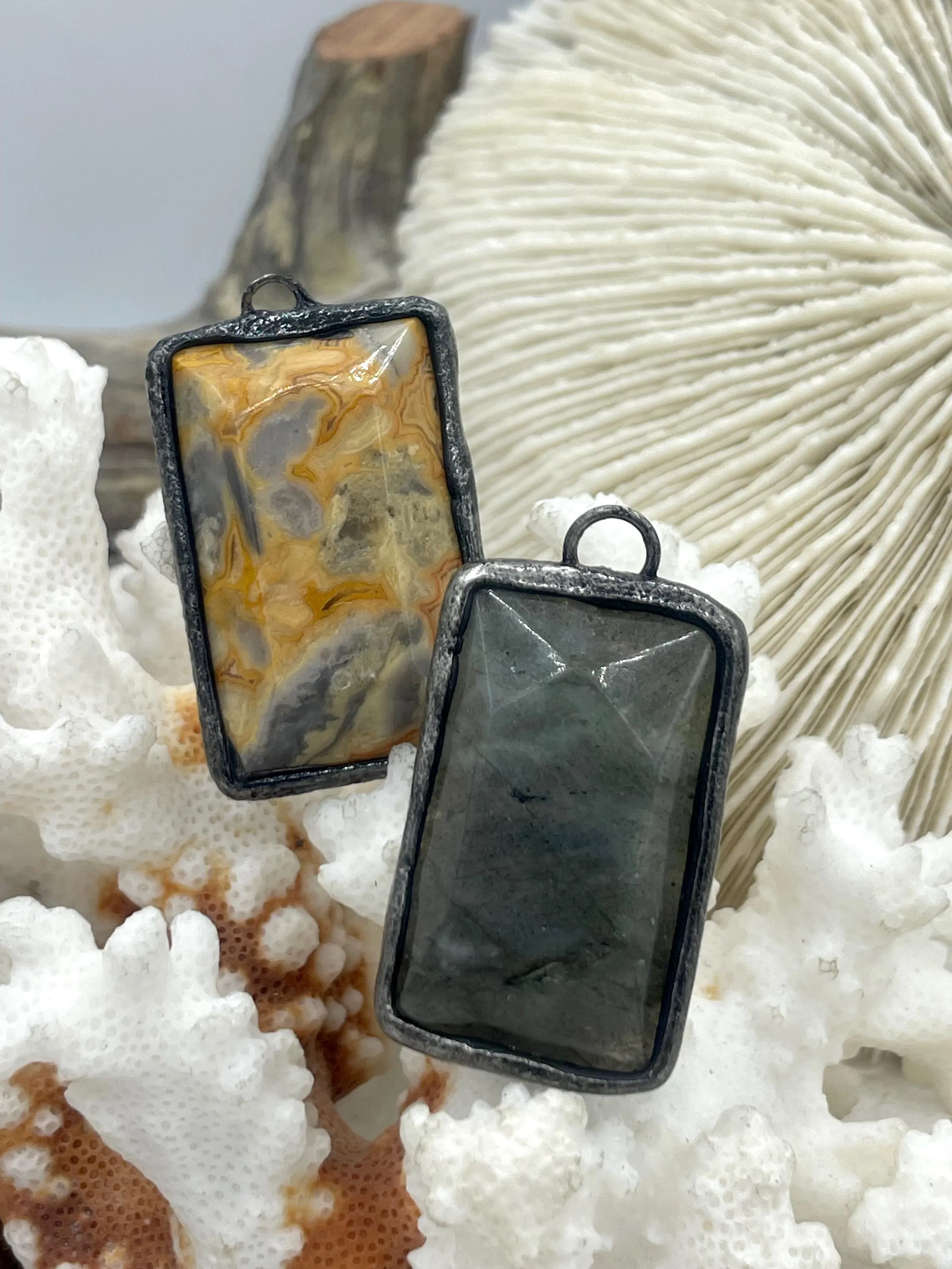 Soldered Natural Stone Pendants, Rectangle Stone Pendants with Gunmetal ,Comes in a variety of patterns, 6 Styles, Natural Stone, Fast Ship.