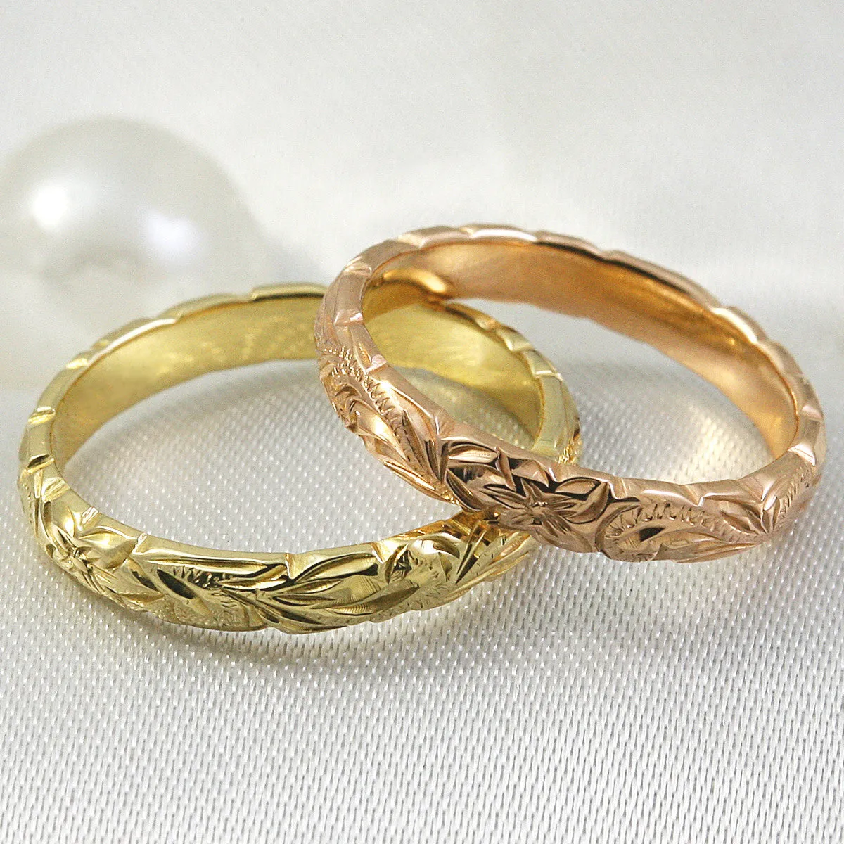 Solid Gold Hand Engraved Wave Edge Ring [3mm] Hawaiian Old English Design - Barrel Shape