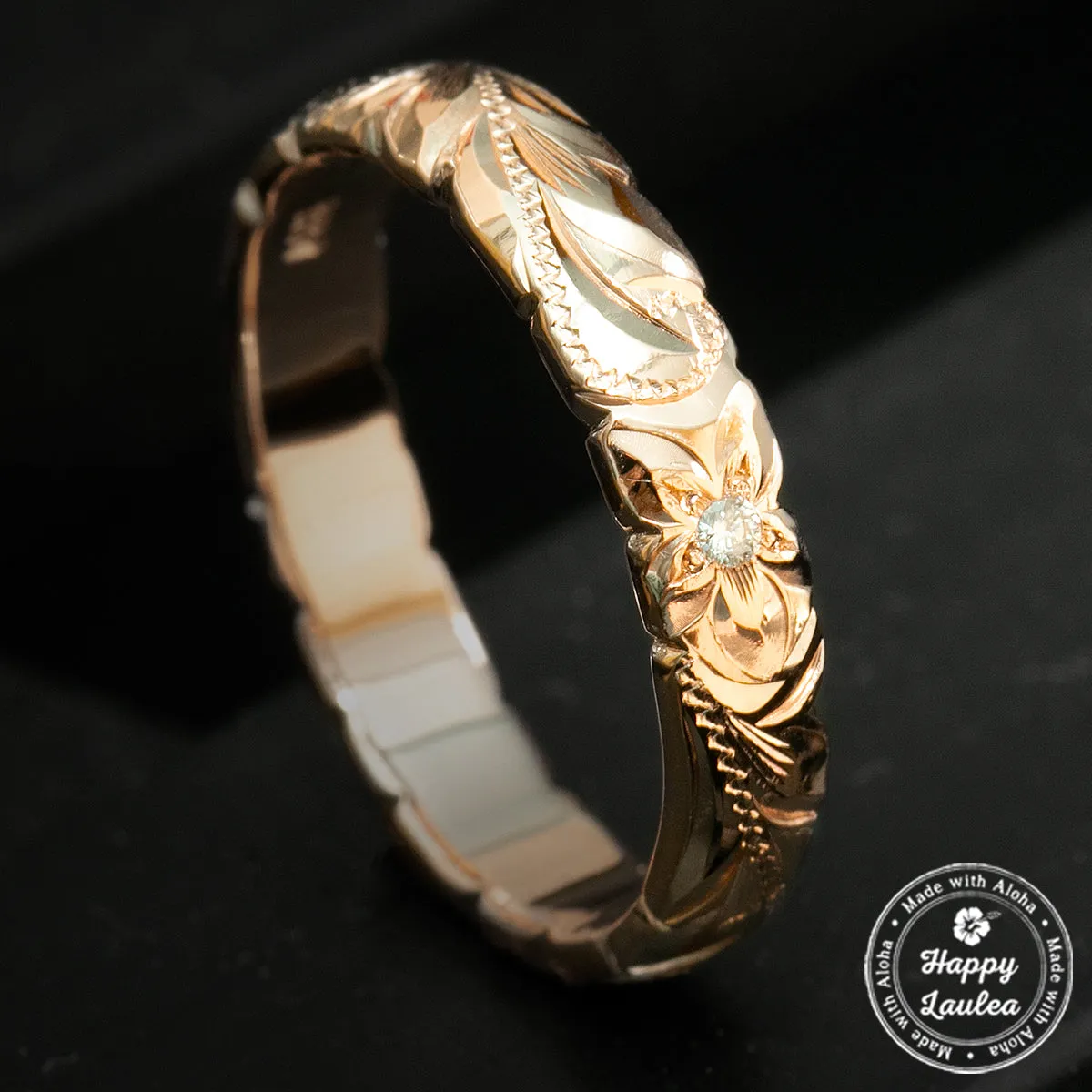 Solid Gold Hand Engraved Wave Edge Ring [4mm width] Hawaiian Old English Design - Barrel Shape