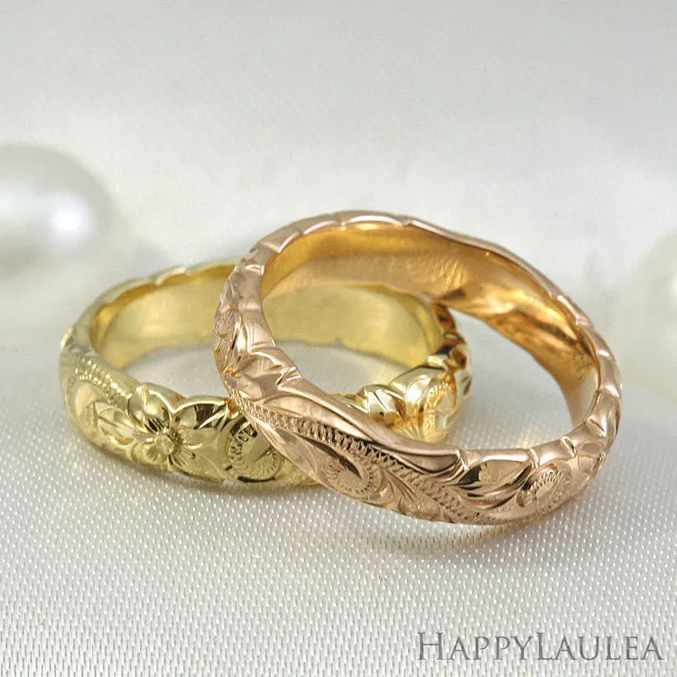 Solid Gold Hand Engraved Wave Edge Ring [4mm width] Hawaiian Old English Design - Barrel Shape