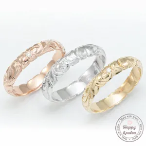 Solid Gold Hand Engraved Wave Edge Ring [4mm width] Hawaiian Old English Design - Barrel Shape