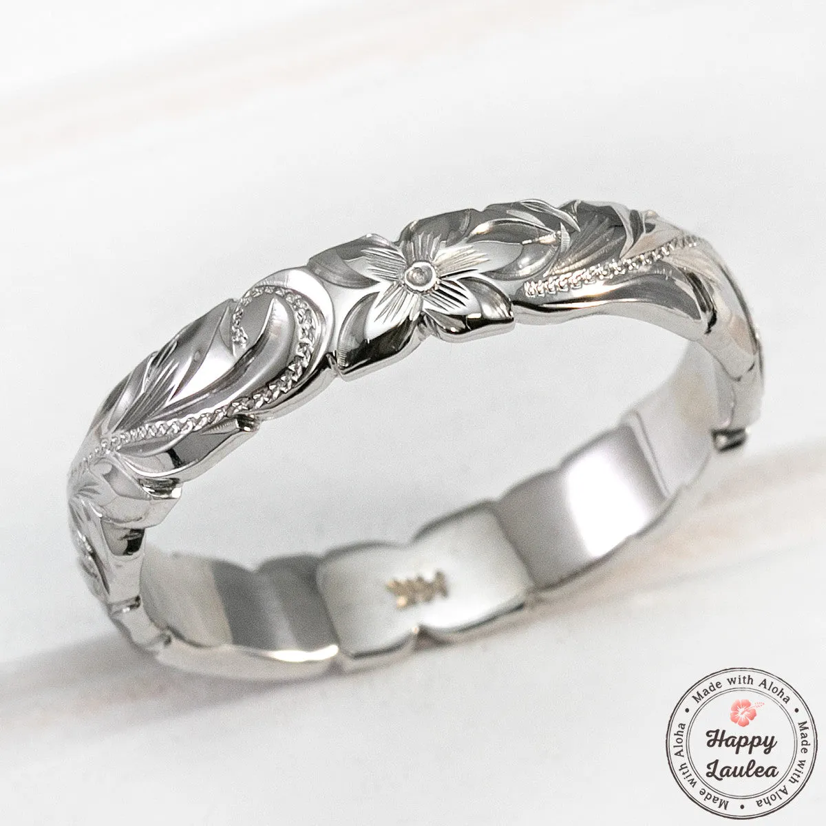 Solid Gold Hand Engraved Wave Edge Ring [4mm width] Hawaiian Old English Design - Barrel Shape