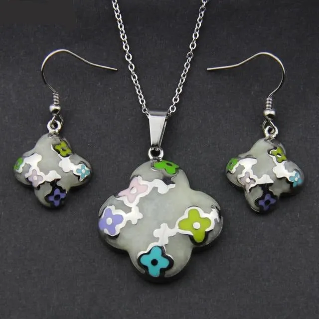 Stainless Steel Jewelry Flower Style Colorful Resin Jewelry Set for Women in Silver Color