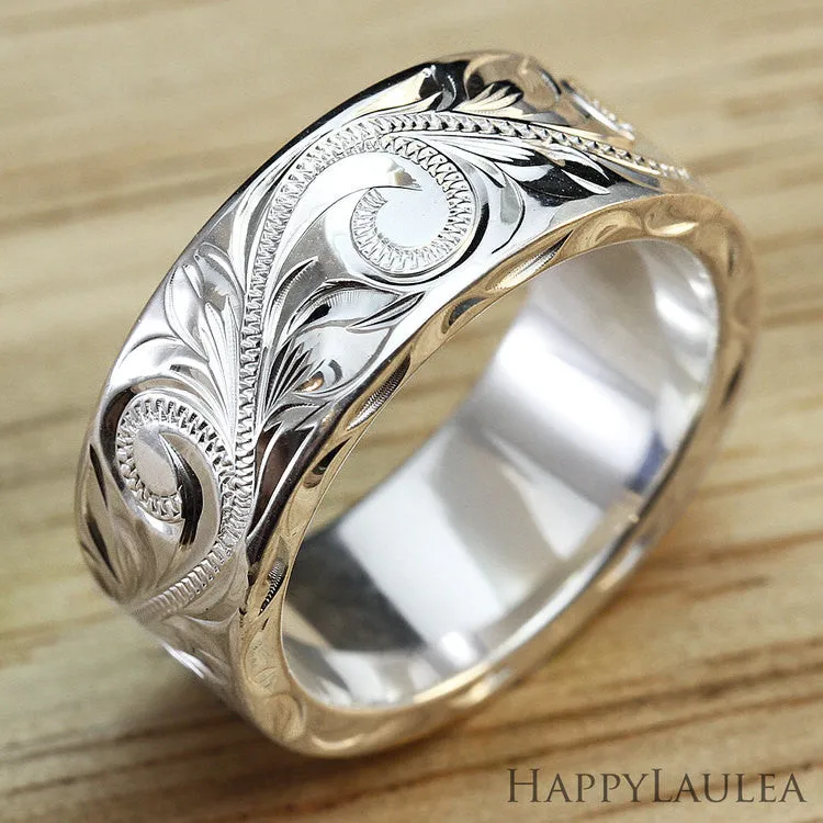 Sterling Silver 8mmx2mm 'Heavy Style' Hawaiian Jewelry Hand Engraved Ring - Flat Shape, Standard Fitment