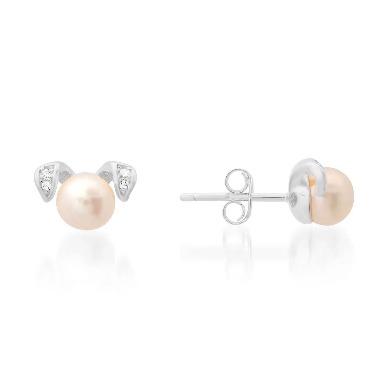 Sterling Silver Puppy Dog Genuine Pearl & CZ Stud Earrings