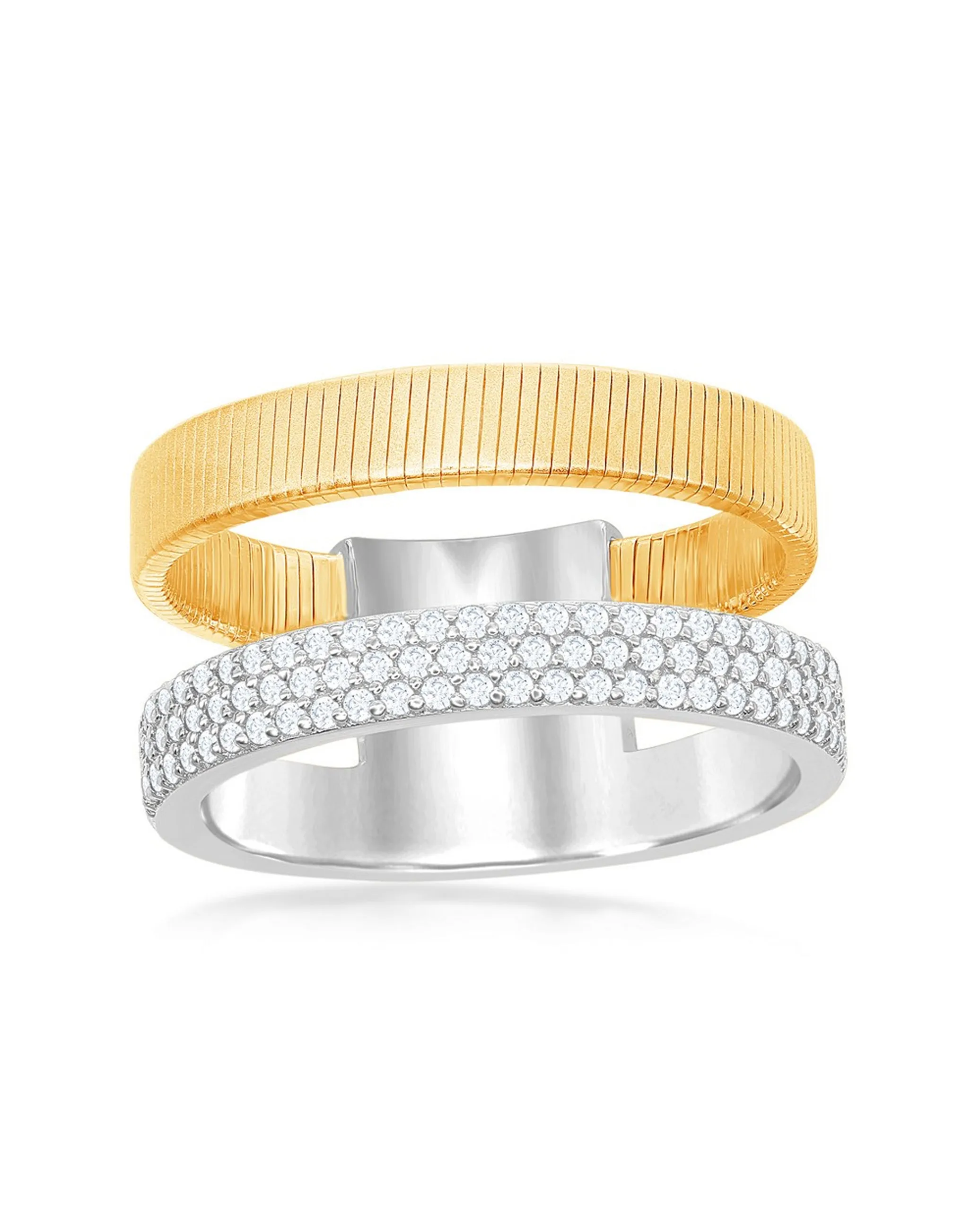 Sterling Silver Trendy Double Ring with Yellow Gold Plating